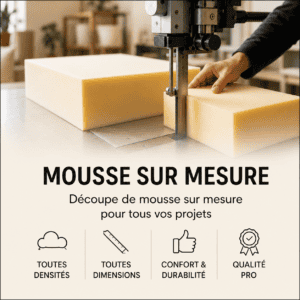 Promotional banner for custom foam cutting: 'MOUSSE SUR MESURE' with features: densities, dimensions, comfort & durability, and pro quality icons.